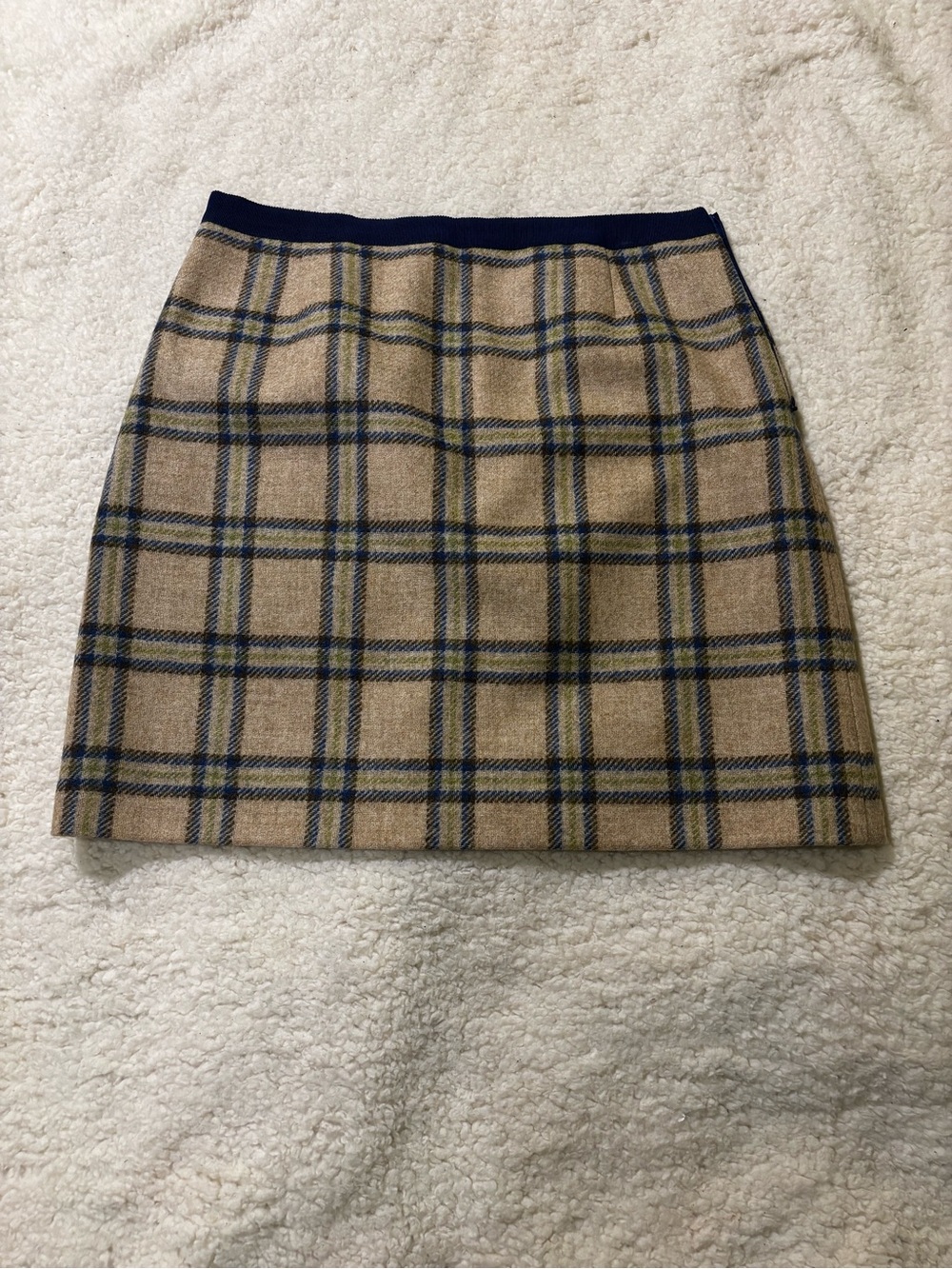 Plaid Wool Mini Skirt in Tan and Navy0529